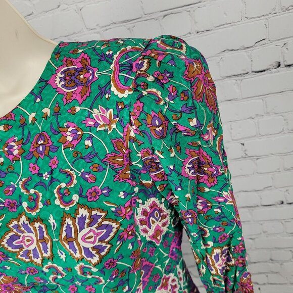 NWT VTG Richard Warren Green 100% Silk Floral Gold Button Long Sleeve Blouse 4 - Picture 12 of 16